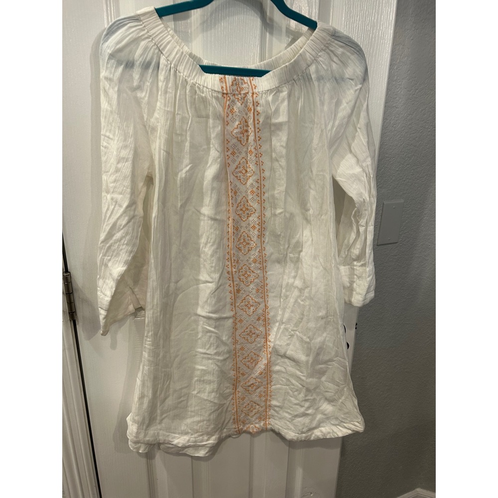Garnet Hill Tunic Top White Orange Embroidered Boho Cotton Gauze Blouse M‎